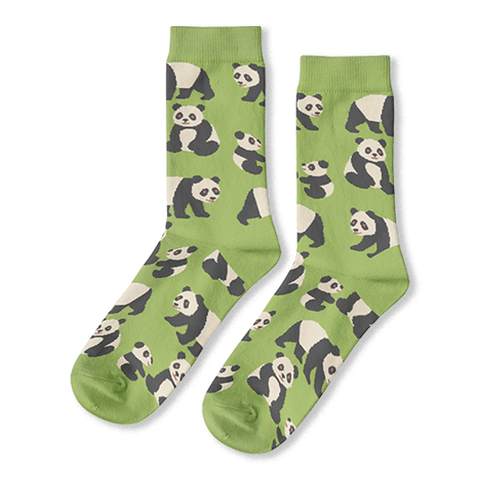 Light green crew socks featuring a repeating pattern of black and white giant pandas sitting, standing, and walking.