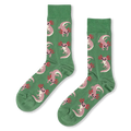 Green crew socks featuring a repeating pattern of light pink axolotls with dark pink gills and smiling faces.