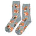 Light dusty blue crew socks with a repeating pattern of orange and brown red pandas in sitting and curled up sleeping poses.