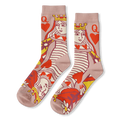 Dusty pink crew socks showing a Queen of Hearts playing card design with a yellow crown, red hearts, and a striped bodice.