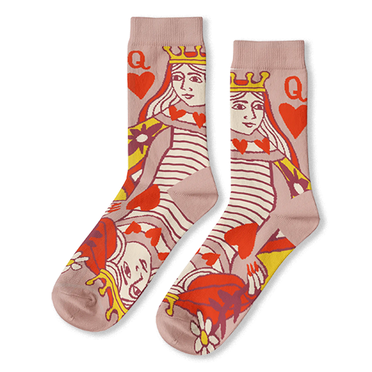 Dusty pink crew socks showing a Queen of Hearts playing card design with a yellow crown, red hearts, and a striped bodice.