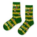 Green crew socks featuring a retro 8-bit video game soccer field with white lines, pixelated players, and goal nets.