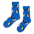 Bright blue crew socks featuring a repeating pattern of puffins and penguins with black, white, and yellow details.