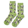 Light green crew socks covered in a scattered pattern of black and white giant pandas sitting, standing, and walking.
