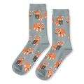 Light blue crew socks featuring an all-over pattern of red pandas with striped tails in sitting and sleeping poses.