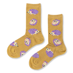 Pair of mustard yellow crew socks featuring a pattern of cute hedgehogs with bright purple quills and little pink feet.