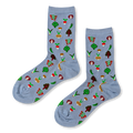 Light blue crew socks with a repeating pattern of small vegetables including tomatoes, artichokes, radishes, and mushrooms.
