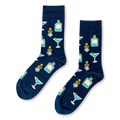 Navy blue crew socks featuring a repeating pattern of light blue martini glasses, liquor bottles, and olive cocktail picks.