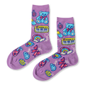 Purple crew socks featuring a retro trinket pattern with blue teddy bears, yellow keyboards, rainbows, and dangling charms.