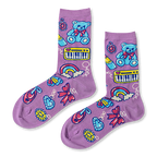 Purple crew socks featuring a retro trinket pattern with blue teddy bears, yellow keyboards, rainbows, and dangling charms.