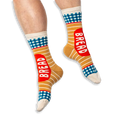 [lf] A person wearing tan striped socks with blue gingham details and a red BREAD label on a black background.