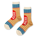 Crew socks featuring blue and white gingham, tan stripes, a red patch reading BREAD, and cream accents.