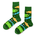 Green crew socks featuring an overhead golf course pattern with putting greens, sand traps, water hazards, and little carts.