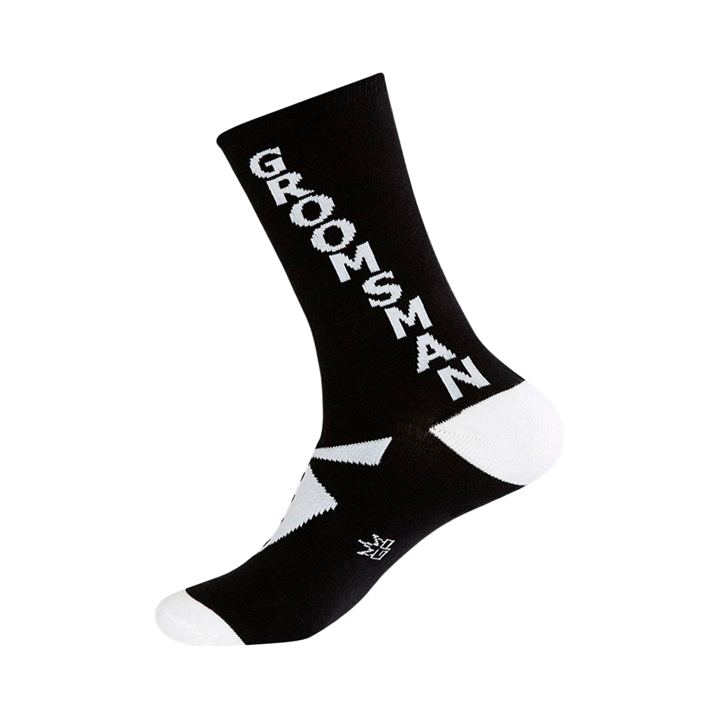 Black crew socks with a white 'Groomsman' vertical graphic and a small tuxedo bow tie image near the ankle.  White accents on the sole.