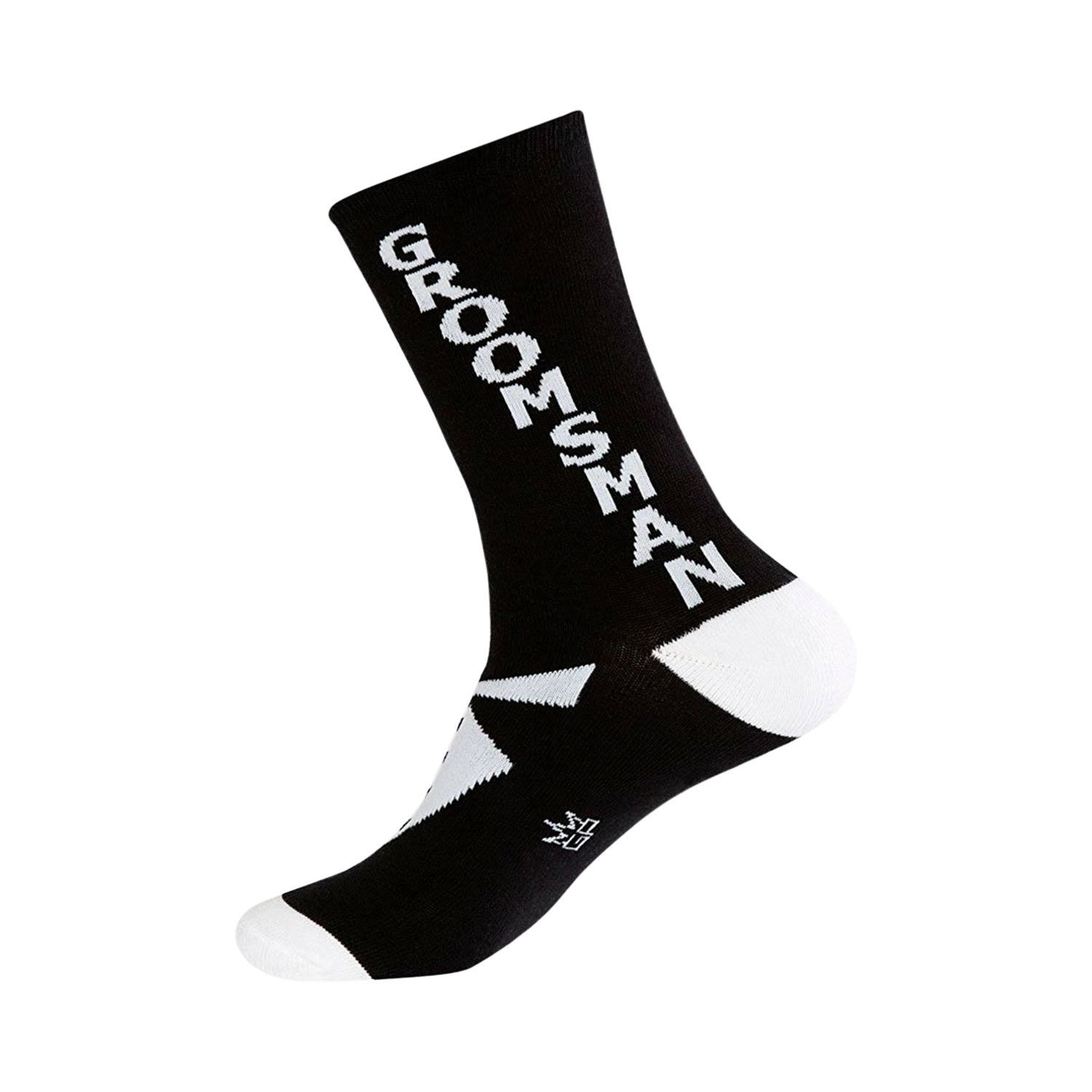 Black crew socks with a white 'Groomsman' vertical graphic and a small tuxedo bow tie image near the ankle.  White accents on the sole.