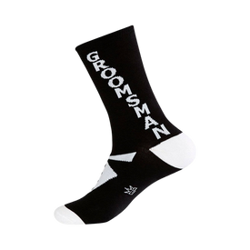 mens' black crew socks with white "groomsman" lettering on the sides for wedding day fun.  