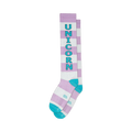 Pair of lavender and white striped knee-high socks with a teal 'unicorn' graphic. Teal accents at the cuffs.