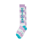Pair of lavender and white striped knee-high socks with a teal 'unicorn' graphic. Teal accents at the cuffs.