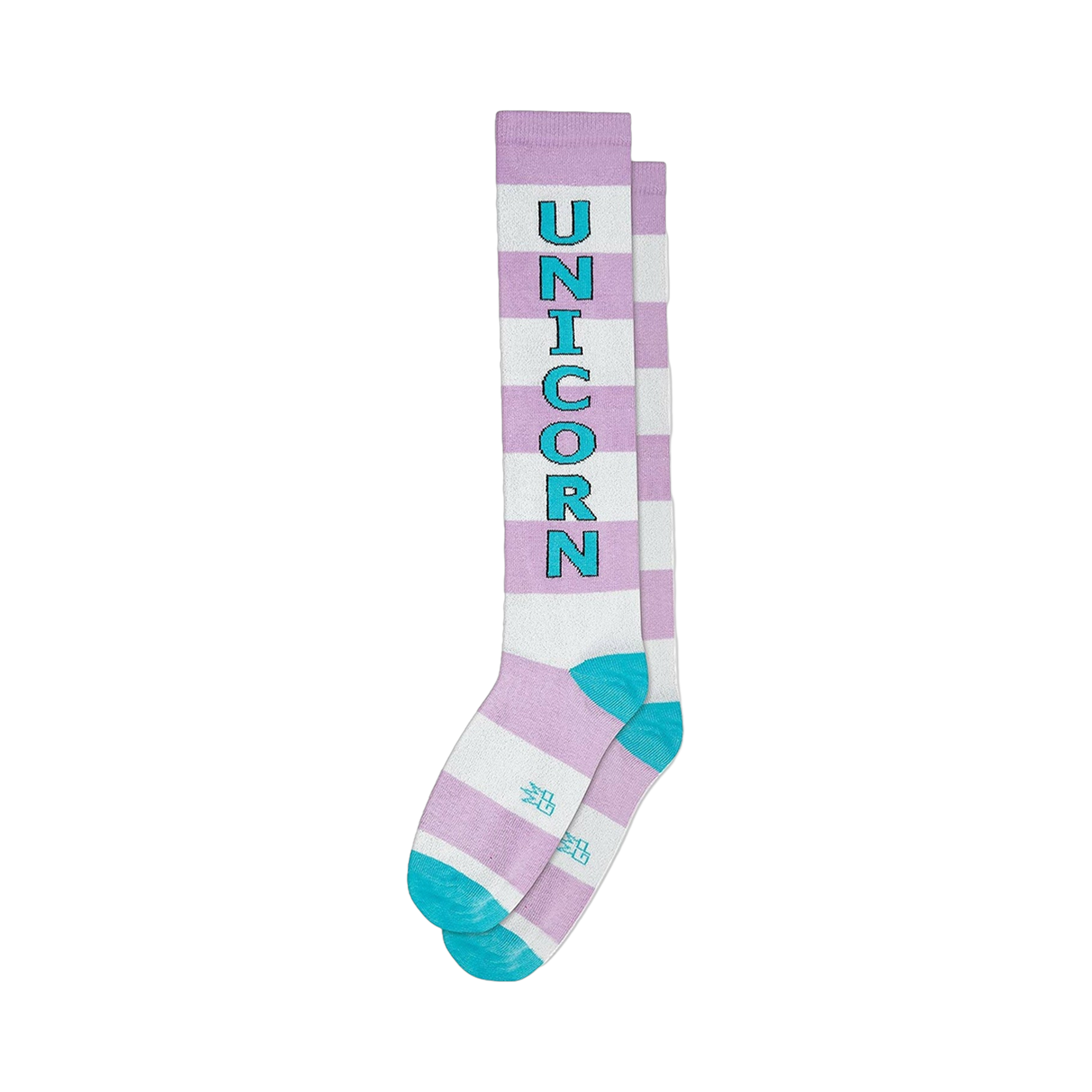 Pair of lavender and white striped knee-high socks with a teal 'unicorn' graphic. Teal accents at the cuffs.
