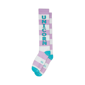 Pair of lavender and white striped knee-high socks with a teal 'unicorn' graphic. Teal accents at the cuffs.