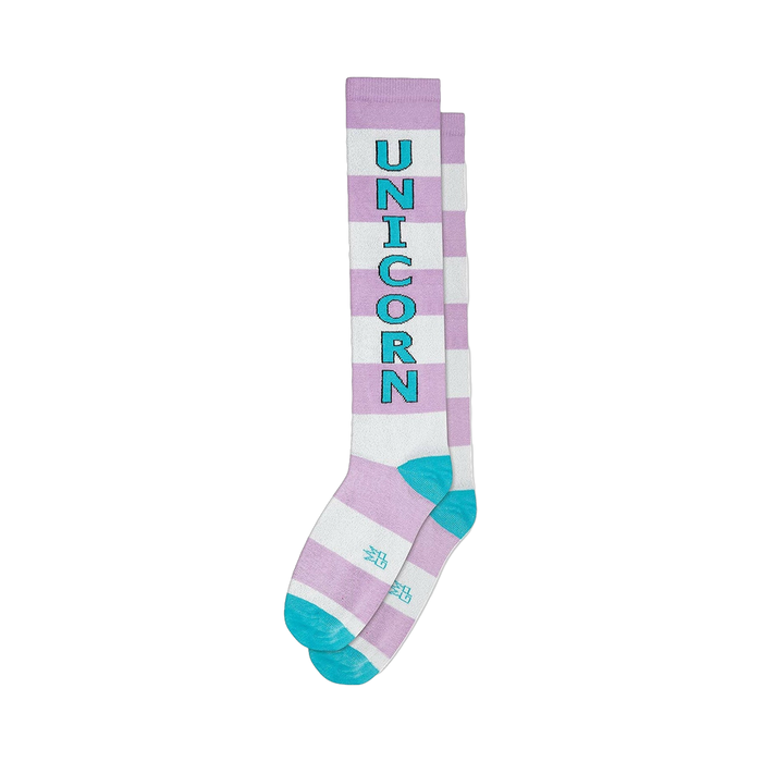 Pair of lavender and white striped knee-high socks with a teal 'unicorn' graphic. Teal accents at the cuffs.