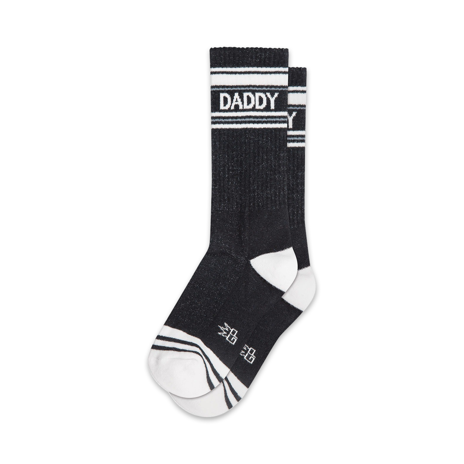 Pair of black crew socks with white stripes and 'DADDY' text.  Sporty and playful design.