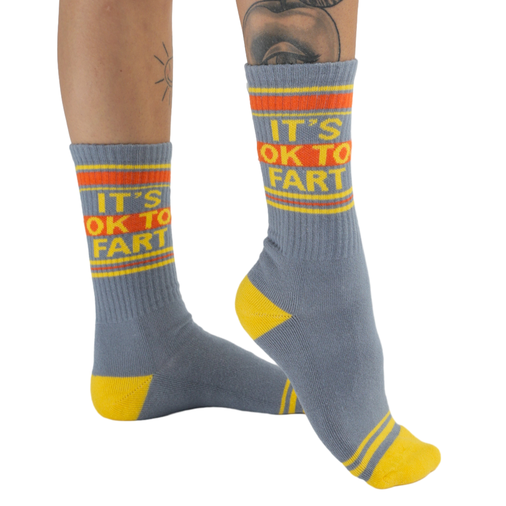 Studio shot: Pair of 'It's Ok to Fart' socks displayed on a white background, showcasing the full design.