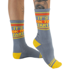 Studio shot: Pair of 'It's Ok to Fart' socks displayed on a white background, showcasing the full design.