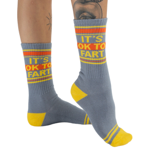Studio shot: Pair of 'It's Ok to Fart' socks displayed on a white background, showcasing the full design.