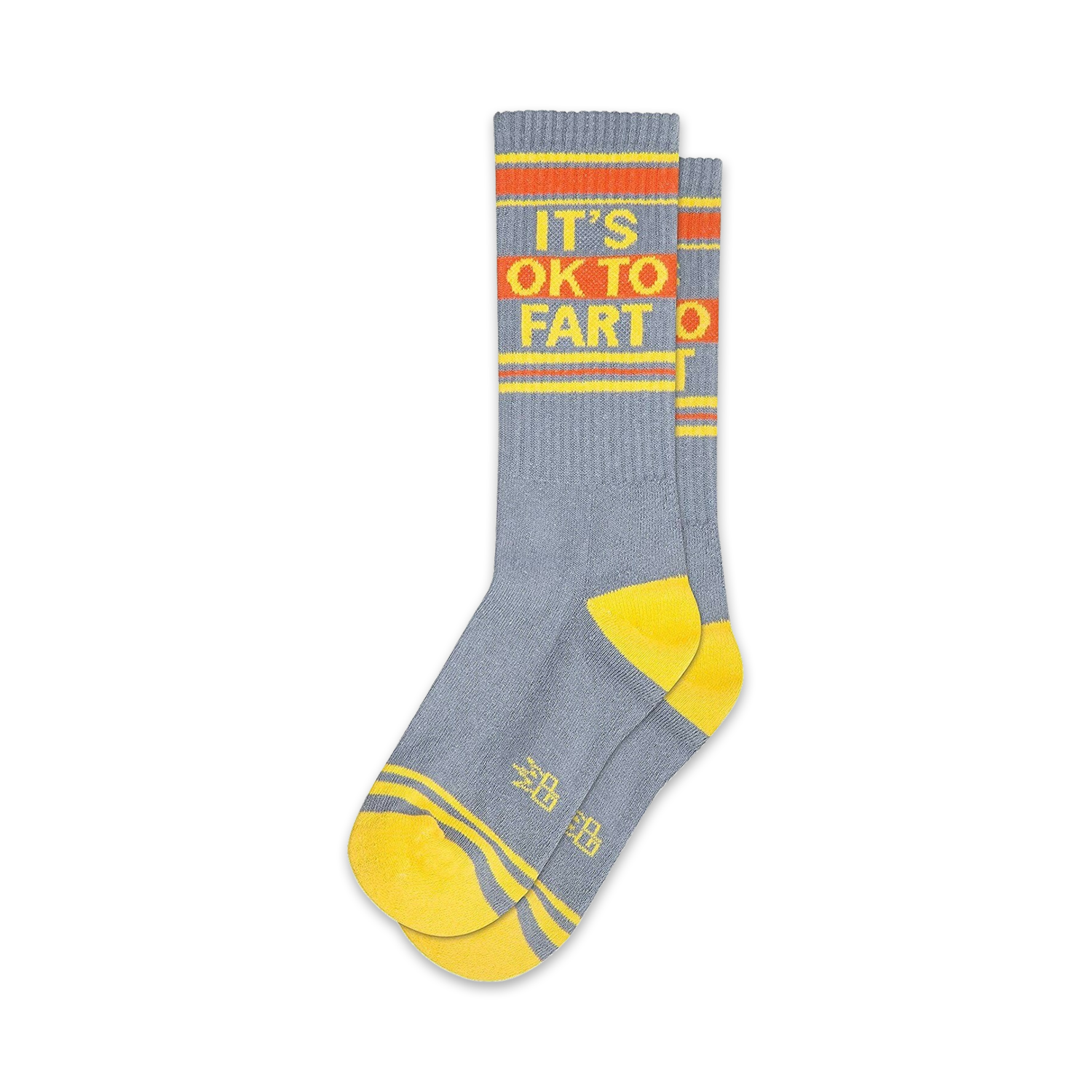 Pair of gray crew socks with yellow and orange stripes and the phrase 'It's Ok to Fart'.