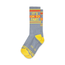 amusing gray and yellow striped crew length socks with "it's ok to fart" embroidered  