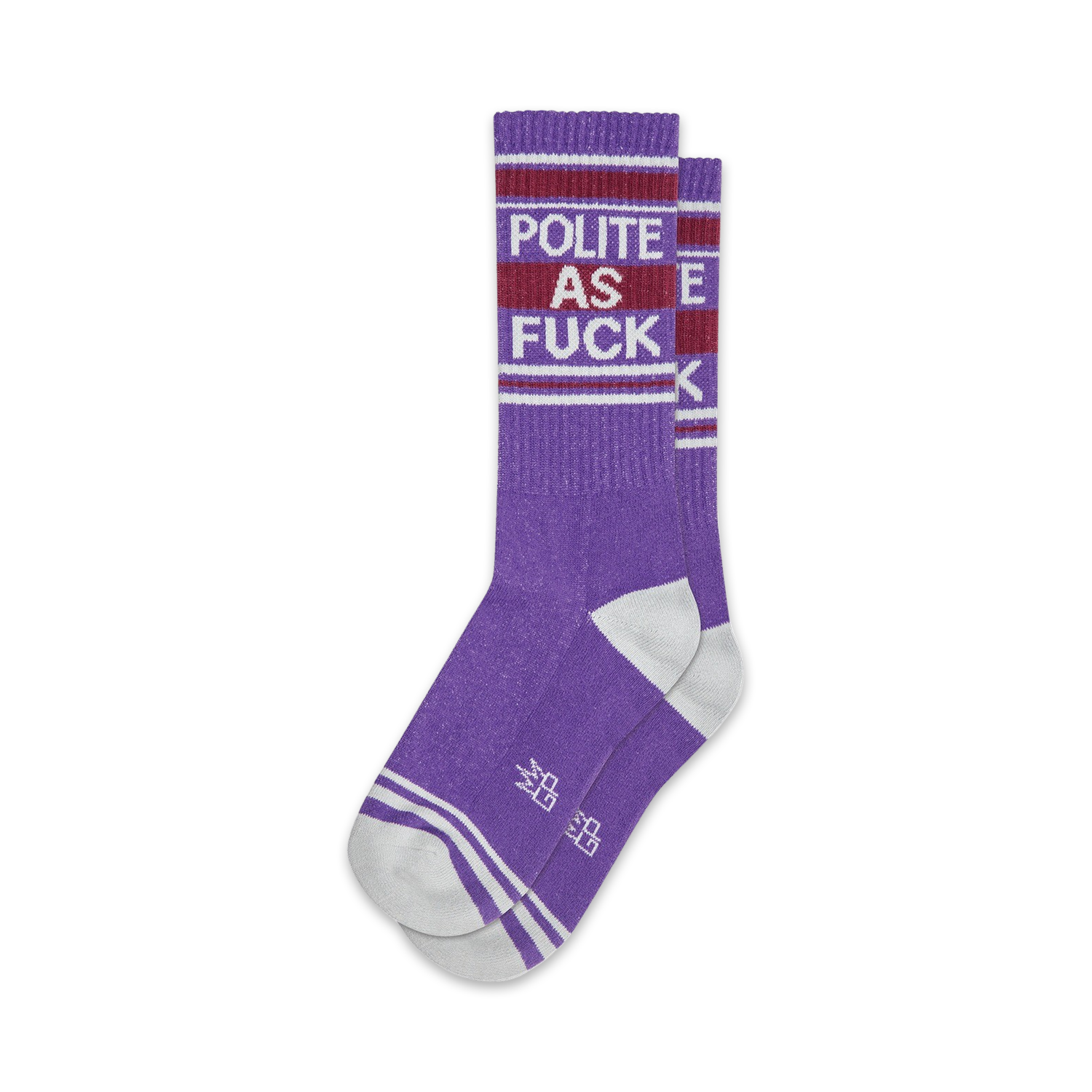 Pair of purple crew socks with white stripes and 'Polite As Fuck' text.  Retro-style font and design.