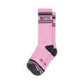 Pair of pink crew socks with black stripes and 'BUTTS' written across the top. Fun, casual style.