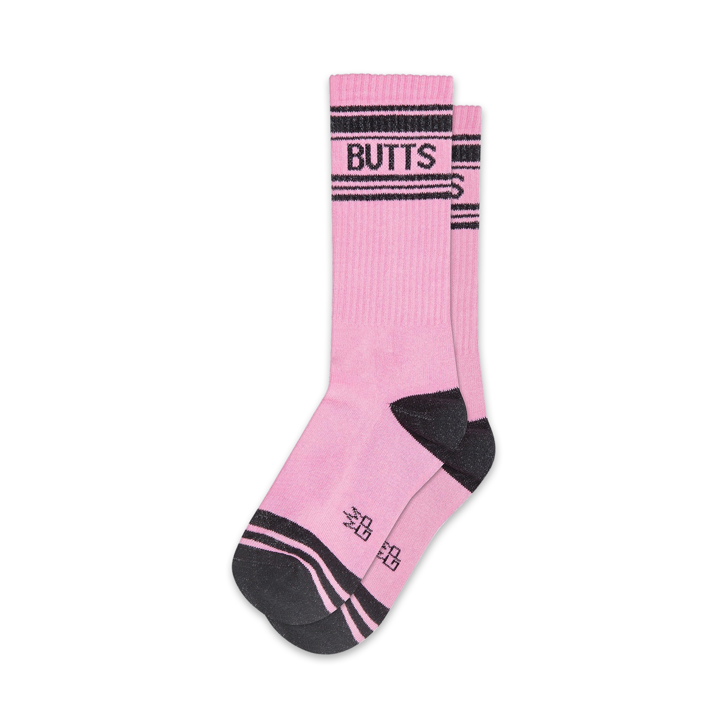 Pair of pink crew socks with black stripes and 'BUTTS' written across the top. Fun, casual style.