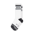 Pair of white crew socks with black stripes and the word 'BITCH' in black. 