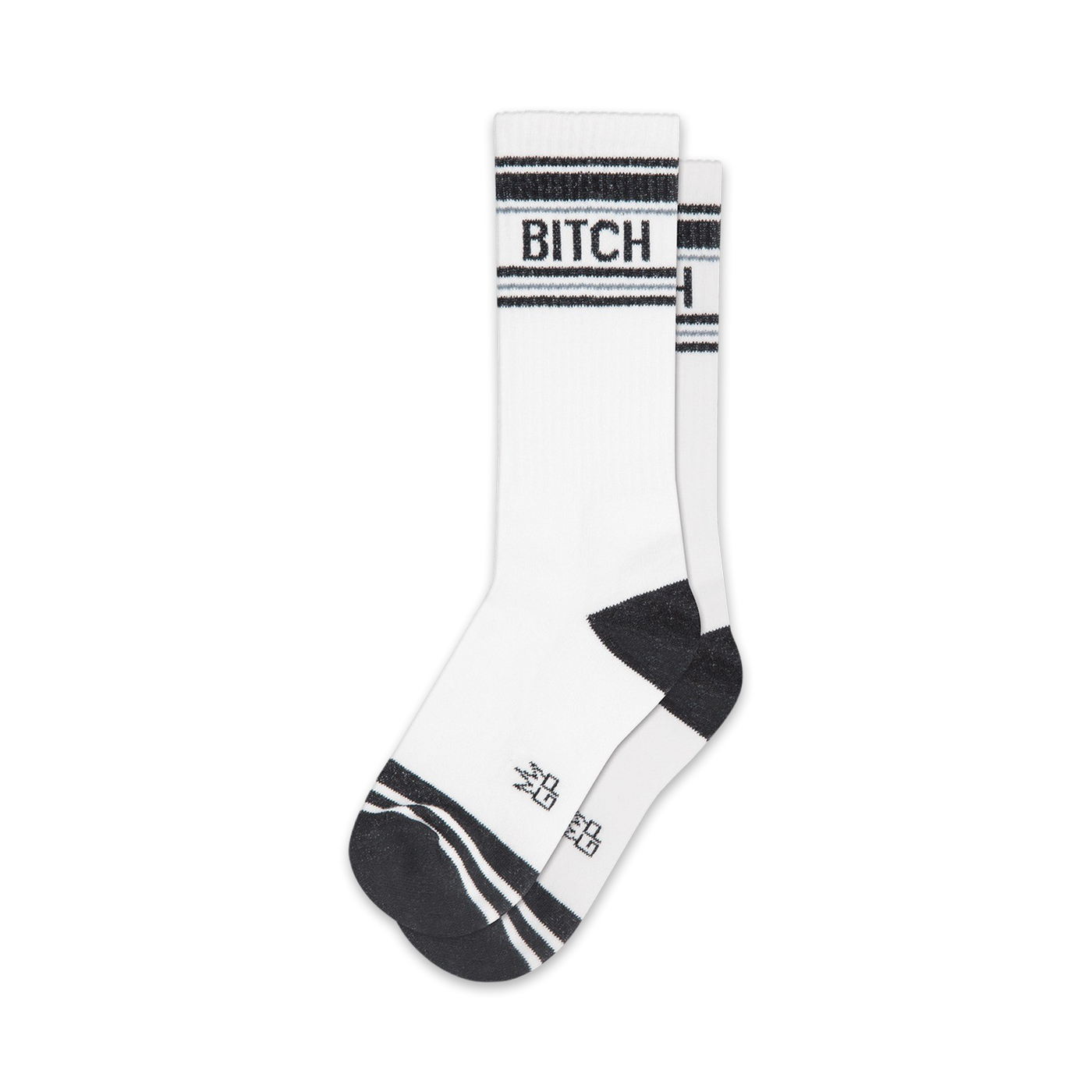 Pair of white crew socks with black stripes and the word 'BITCH' in black. 