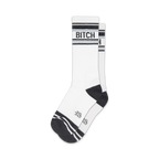 Pair of white crew socks with black stripes and the word 'BITCH' in black. 