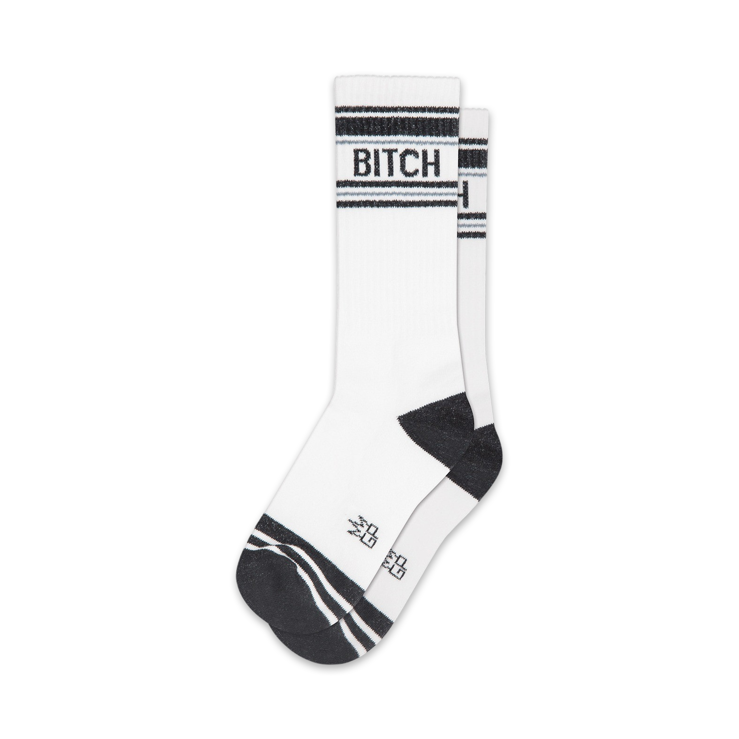 Pair of white crew socks with black stripes and the word 'BITCH' in black. 