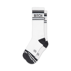 white striped crew socks with an extra large black "bitch" logo, womens.  