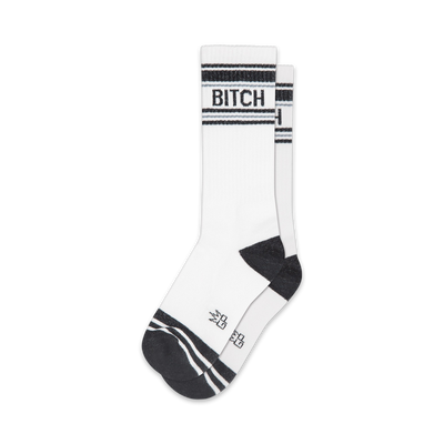 white striped crew socks with an extra large black "bitch" logo, womens.  