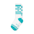Pair of white crew socks with teal stripes and the text 'The Future is Female'.