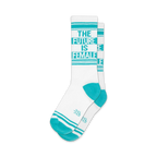 Pair of white crew socks with teal stripes and the text 'The Future is Female'.