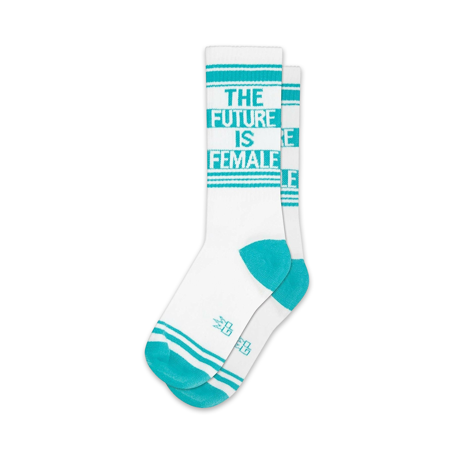 Pair of white crew socks with teal stripes and the text 'The Future is Female'.