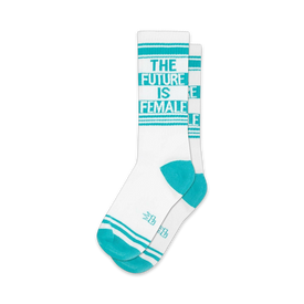 white crew socks length xl featuring 'the future is female' in blue lettering.  