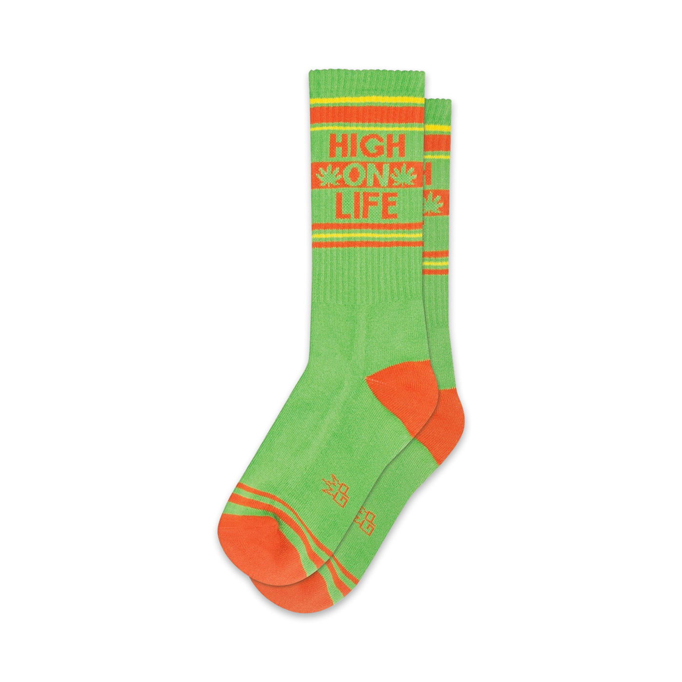 Pair of lime green crew socks with orange stripes and 'High On Life' text, accented with cannabis leaf designs.
