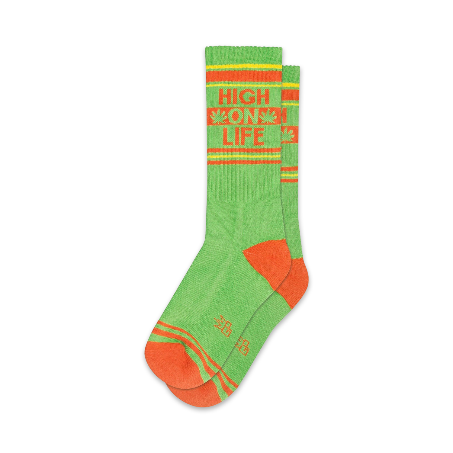 Pair of lime green crew socks with orange stripes and 'High On Life' text, accented with cannabis leaf designs.