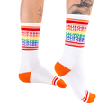 Lifestyle shot: Model wearing the California rainbow socks, showing off the fit and style.