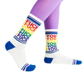 Close-up shot of 'Fuck You' socks, showcasing the detail of the design and color.