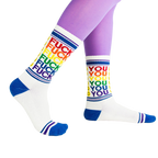Close-up shot of 'Fuck You' socks, showcasing the detail of the design and color.