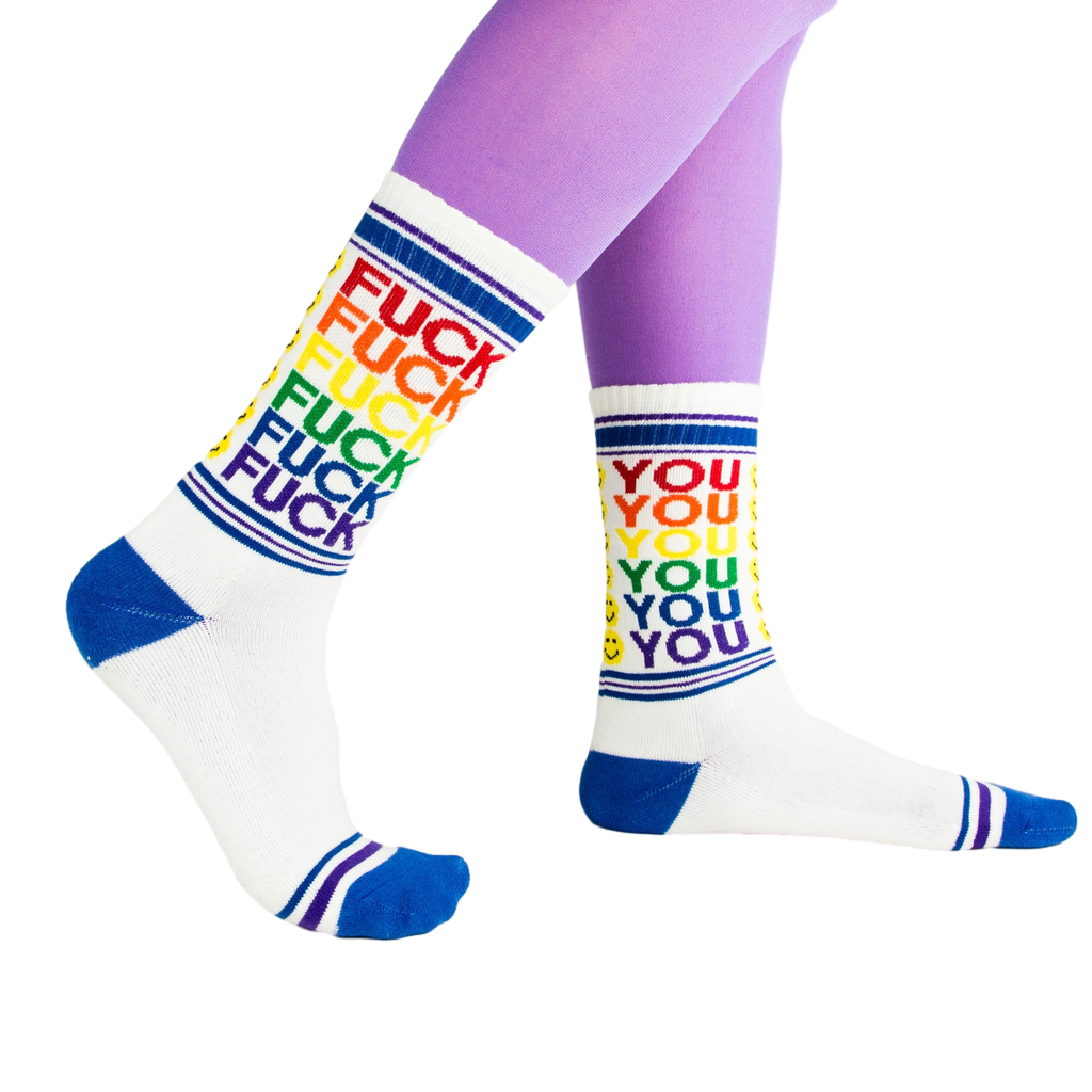 Close-up shot of 'Fuck You' socks, showcasing the detail of the design and color.